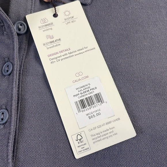 NWT Calia Pique Puff Sleeves Polo T-Shirt XXL Carbon Gray 3/4 Button Down Golf - Picture 4 of 16
